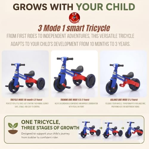 Image of 3-in-1 Toddler Tricycle | Slide, Pedal & Balance Bike for Kids | Leather Seat, Silent Wheels & Sturdy Frame | Ideal for 10 Months to 3 Years (Blue)