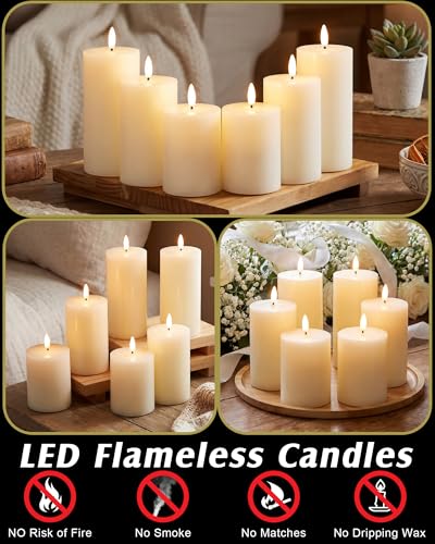 Image of Leelosp 6 Pack Flameless Candles with Remote Timer, Battery Operated Flickering Flameless Candles Bulk Flat Top Pillar LED for Wedding Festival Outdoor Home Decor D 3'' H 4'' 5'' 6'' (Ivory White)