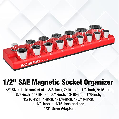 Image of WORKPRO Magnetic 1 /2-Inch SAE Socket Organizer - Holds 16 Standard & Deep Size Sockets