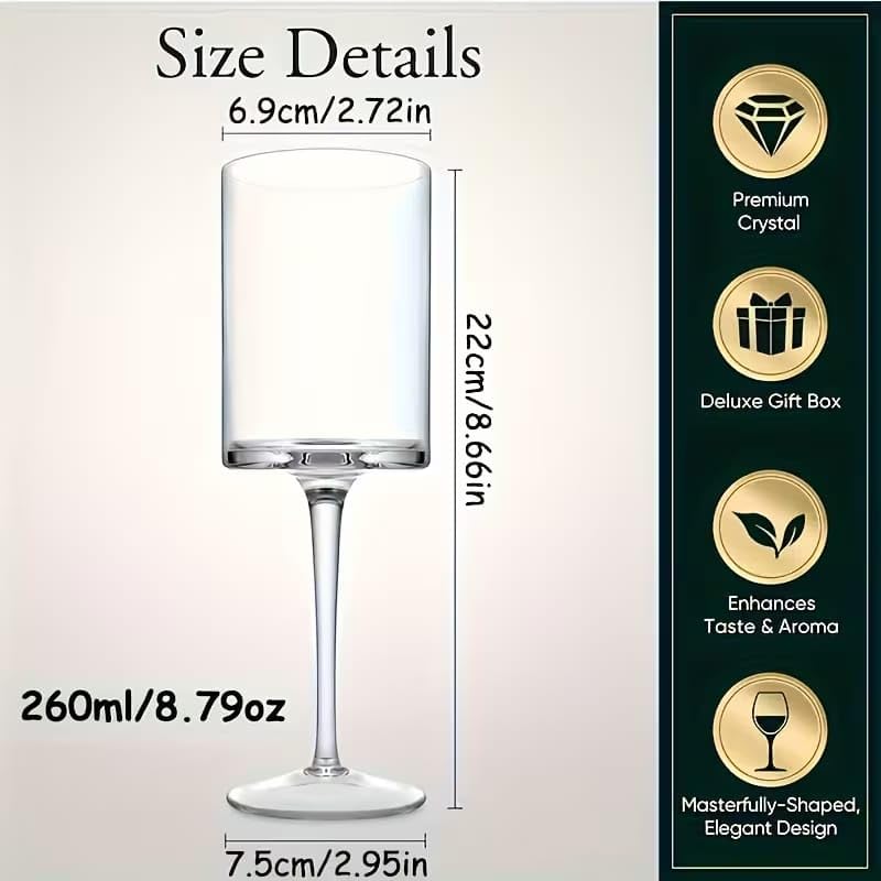 Image of PrimeWorld Modern Square Wine Glasses Set of 2 Pcs - 260 ml Crystal Stemmed Wine Glasses with Thin Laser-Cut Rim, Large Glasses for Red & White Wine, Dishwasher Safe