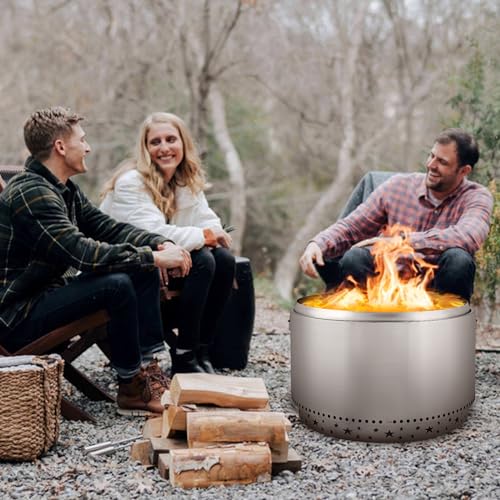 32" Smokeless Fire Pit with Air Switch, Wood Burning Portable Stainless Steel Outdoor Firepit with Fixed Stand & Stove Hook, Ash Pan, for Camping Backyard Patio Picnic, H: 20 in, 52 lbs
