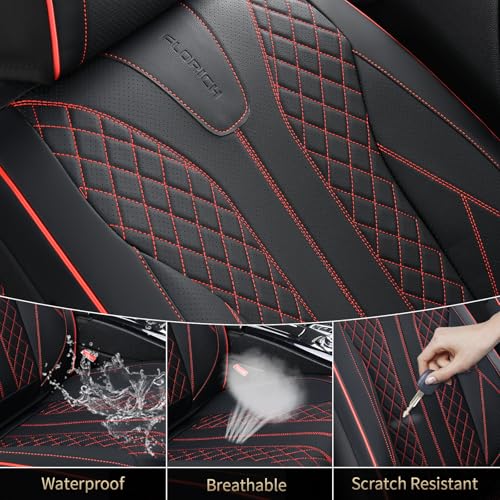 Image of FLORICH Leather Car Seat Covers, Automotive Seat Cover 2 Pack Waterproof Seat Covers for Cars Driver Seat Cover Protectors Universal Fit for Most Cars SUV Trucks Vehicles, Black&Red Line