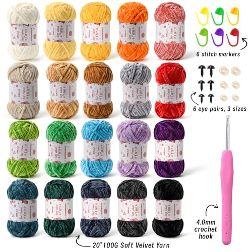 Image of 20 Pack Chenille Chunky Yarn - Baby Yarn for Crocheting Soft - White Black Brown Green Red Pink Blue Rainbow Velvet Yarns Crochet Blanket - Amigurumi Yarns Pack with Crochet Accessories B