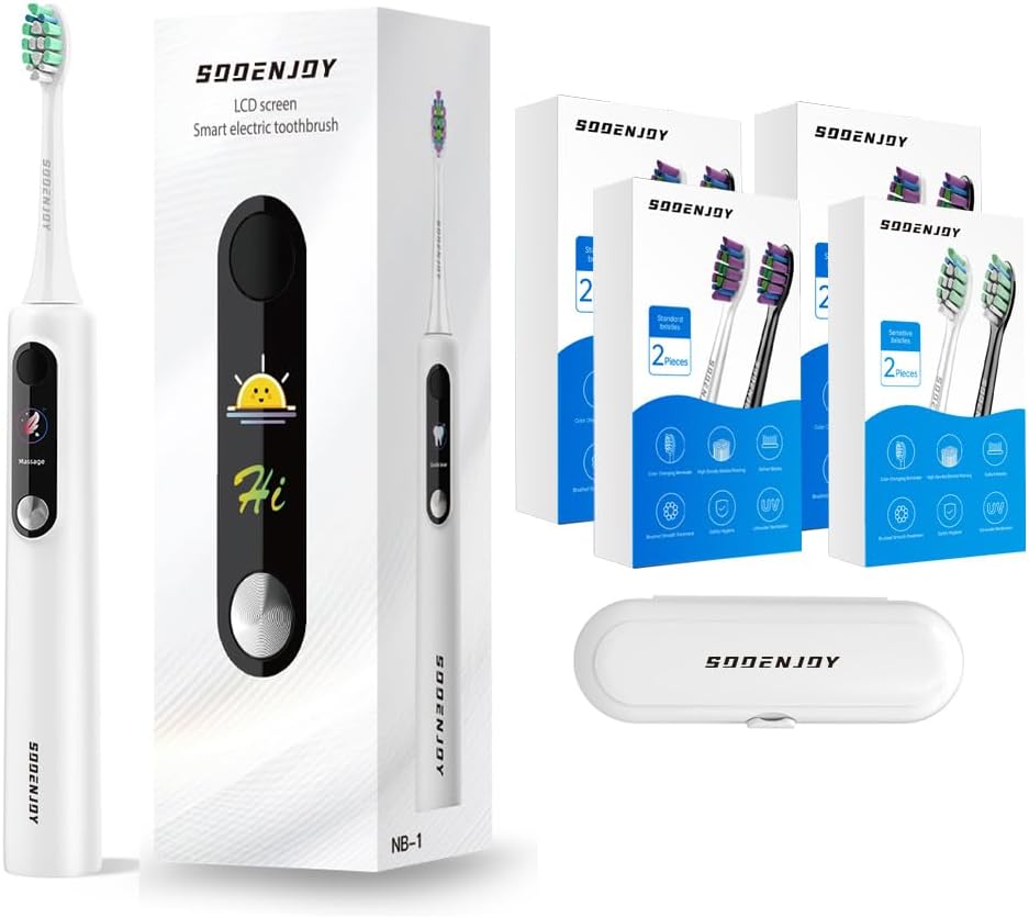 NB-1 LCD Screen Electirc Toothbrush,5 Modes 5 intensities & DIY Mode,Rechargeable Sonic Electric Power Toothbrush for Adult,White- 8 Brush Heads & Travel Case