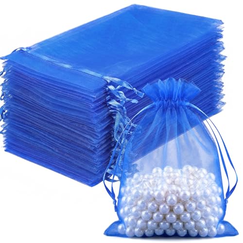 Image of FUNFERY 100Pcs Royal Blue Organza Bags 4x6, Small Mesh Drawstring Gift Bag | Little Jewelry Bags for Wedding Party Favors, Mini Drawstring Pouch for Sachet, Candy, Goodie, Treat Bag for Easter Day