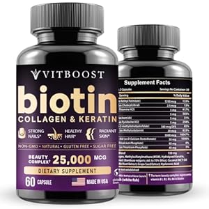 VITBOOST Biotin with Hyaluronic Acid, Collagen and Keratin – 25000 mcg Hair Growth Vitamins for Men and Women – Nails and Skin, USA Made – Third Party Tested, B1, B2, B3, B6, B7 Complex – 60 Capsules
