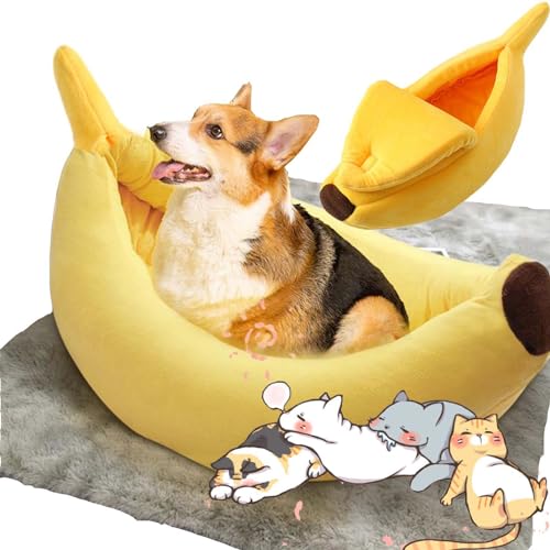 Banana Dog Bed for Small Dogs & Cats Cozy Enclosed Banana Pet Bed with Plush Cushion Soft Washable Banana Bed for Dogs Warm Calming Cave Bed for Indoor Cats Puppies Kittens & Small Pets (S)