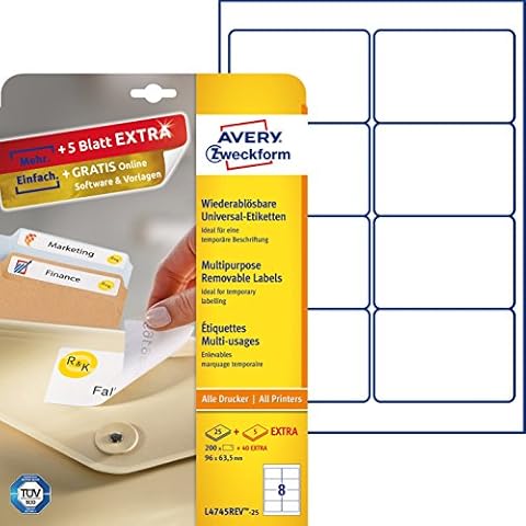 AVERY Zweckform L4745REV-25 Universal Etiketten (200 plus 40 Klebeetiketten extra, 96x63,5mm auf A4, wieder rückstandsfrei ablösbar/abziehbar, bedruckbar, selbstklebende Aufkleber) 30 Blatt, weiß Cover