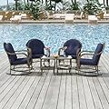 BALDPER 6 Pieces Patio Conversation Set, Lounge Rocking Chair with Cushion and Coffee Table, Wicker Bistro Set, Outdoor Furniture for Porch, Deck, Backyard, or Poolside, Blue