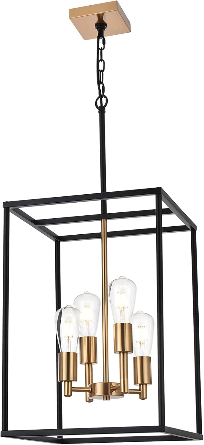 VINLUZ Retro 4 Light Large Farmhouse Chandelier Rustic Dining Room Lighting Fixtures Hanging in Black and Brushed Brass Finish Metal Square Cage Pendant Lighting for Kitchen Island