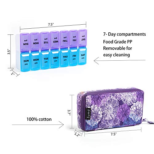 Image of Weekly Pill Organizer 2 Times a Day, Zumd Pill Box 7 Day with Cute Quilted Fabric Zipper Case, Travel Pill Case Am Pm for Vitamin Medicine Organizer