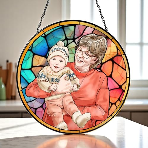 Custom Stained Glass Suncatcher, Round Hanging Window Decoration, Personalized Grandma Photo Portrait Stained Glass Suncatcher Window Hanging, 2025