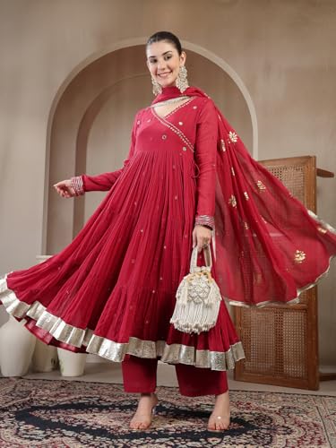 Image of Gulmohar Jaipur Women's Malmal Solid Angrakha Neck Anarkali Kurta Suit Set