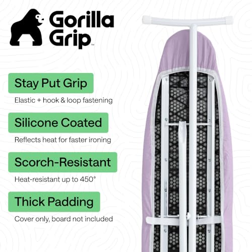 Image of GORILLA GRIP Reflective Silicone Ironing Board Cover, 15x54, Hook and Loop Fastener Straps, Fits Large and Standard Boards, Pads Resist Scorching and Staining, Elastic Edge Thick Padding, Light Purple