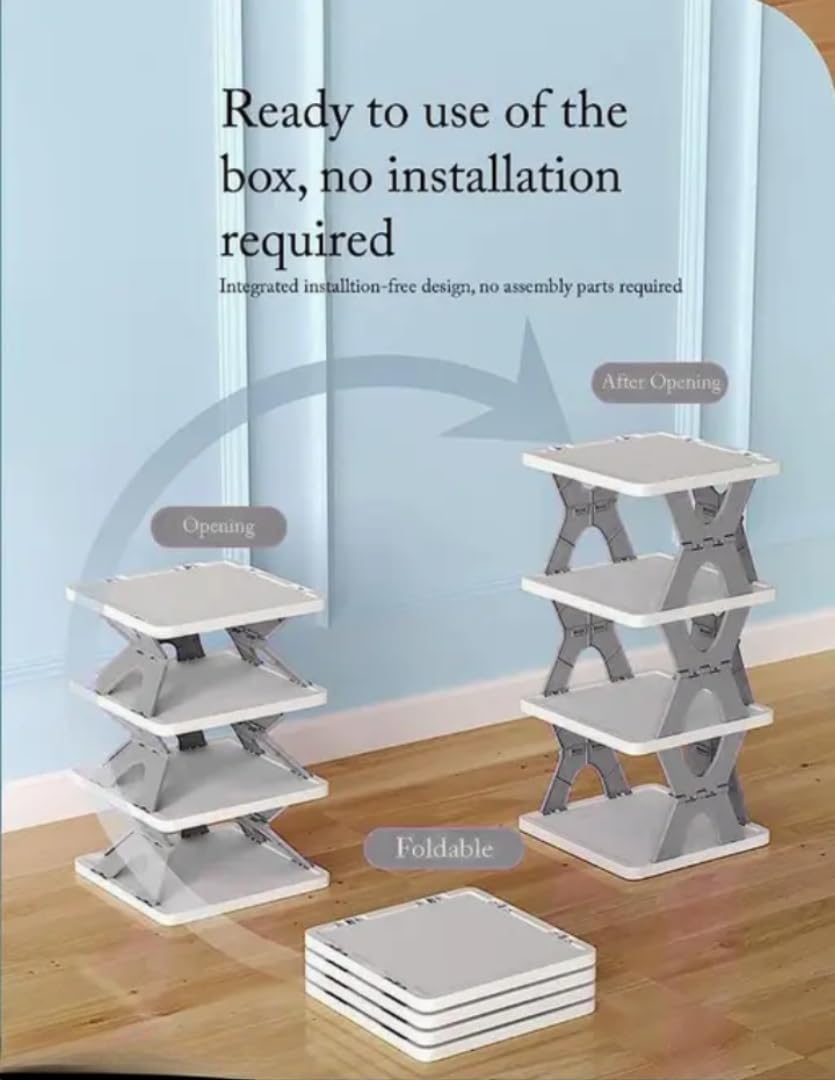 Modern 6-Tier Vertical Shoe Storage Rack, White and Grey Plastic Shelving Unit with Plant Display Shelf