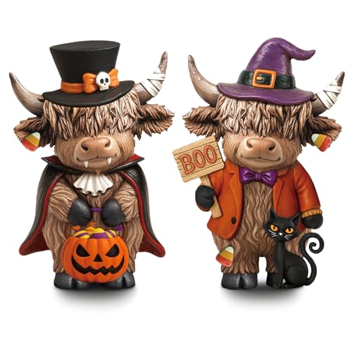 Thyle 2 Pcs Halloween Highland Cow Figurines Pumpkin...