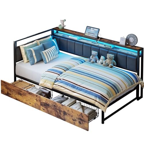LIKIMIO Corner Bed Frame Twin Daybed with Storage Drawers, Metal Platform Bed Frame with LED Light, Charging Station & Fabric Upholstered Fence, Black