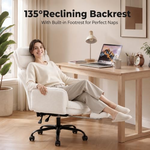 Image of Big and Tall Office Chair, Flip Armrests for Pets & Cross Legged Sitting | Executive Ergonomic Computer Gaming Chair with Foot Rest, Teddy Fleece Wide Seat Reclining Desk Chair, White Vanity Chair