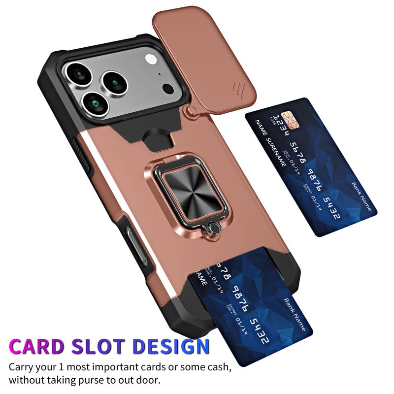Image of LuxuryKase Shockproof Armor Case for iPhone 17 Pro Max | Slide Camera Cover | Hidden Card Slot | Rotating Ring Kickstand | Magnetic Car Mount Support | Military Grade Protection - Rose Gold