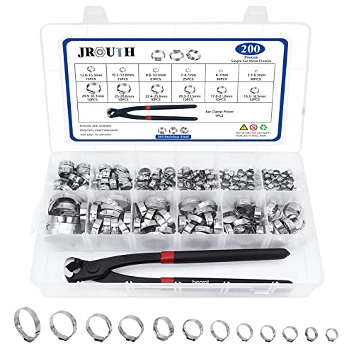 Jrouth 200Pcs Single Ear Hose Clamps, 12 Size5.3-33.1Mm Crimp Hose Clamp Assortment Kit With Ear Clamps Pincer, 304 Stainless Steel Hose Clamp For Securing Pipe Hoses And Automotive With Case #TOP3