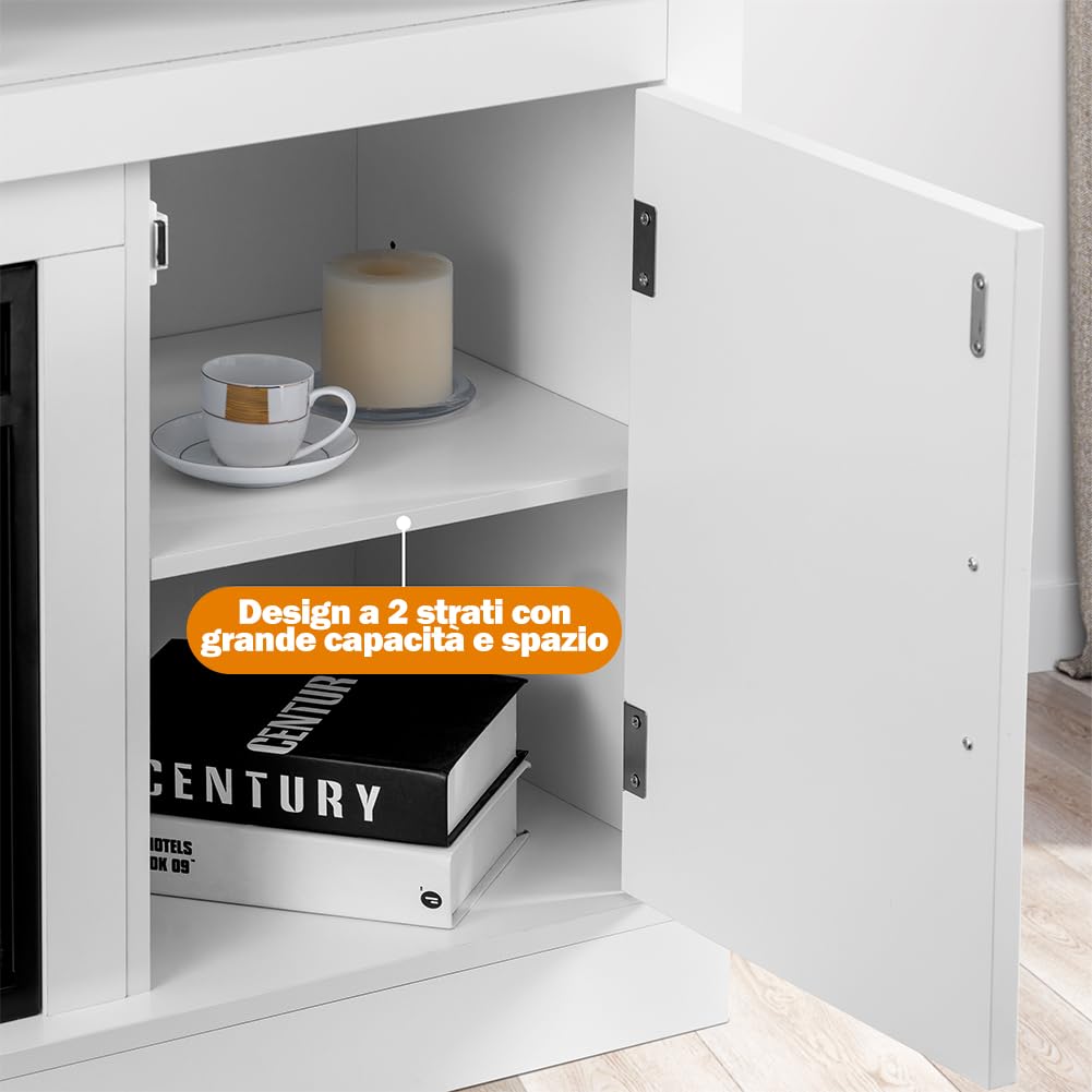 BAKAJI Mobile Tv per Soggiorno in Legno Bianco con Camino Elettrico, Madia a 2 Ante con Caminetto 1800W Completo di Mobile, Riscaldamento Due Potenze, Protezione Surriscaldamento e 15 Colori Luci Led