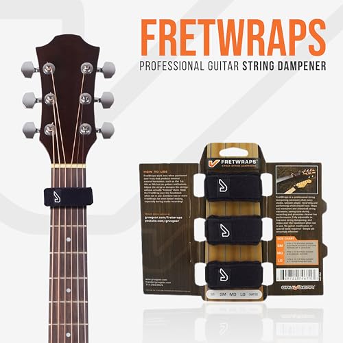 Image of Gruv Gear Fret Wrap & Guitar Mute, Fretwrap for Acoustic, Electric & Bass | String Dampener Recording, Tapping & Practice Accessory (3 Pack, Small Black, Fits 4 String Bass, 6 String Guitar)
