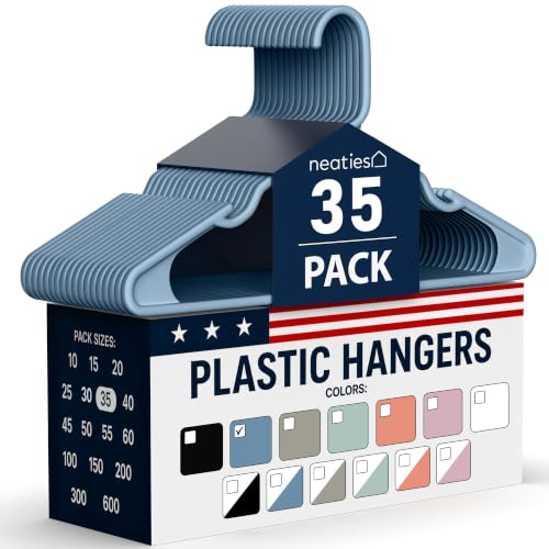 Neaties Plastic Hangers 35 Pack - Made in The USA - 6lb Capacity Standard Clothes Hangers with Notches and Reinforced Edges for Dresses, Lingerie, Shirts, Pants, and Jackets - Blue