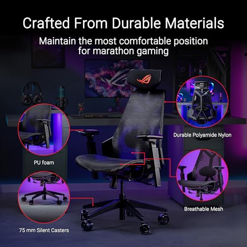 ROG DESTRIER CORE Sedia Gaming Ergonomica, Supporto Lombare Integrato, Braccioli Imbottiti, Poggiatesta Bidirezionale, Design Futuristico, Pensata per il Gaming Mobile, Peso Massimo 136kg, Nera - Sedia gaming - Immagine 4