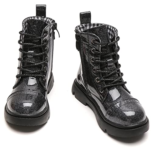kkdom Boys Girls Waterproof Outdoor Glitter Lace Up Side Zipper Mid Calf Combat Boots(Toddler/Little Kid/Big Kid)