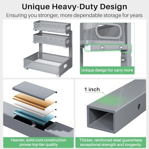 Image of Kitstorack Under Sink Organizer, 1-Pack 3-Tier Height Adjustable Thickened Metal Pull out Cabinet Organizer Shelf, Slide out Storage Drawer Rack for Bathroom Kitchen Pantry Home Organization, Grey