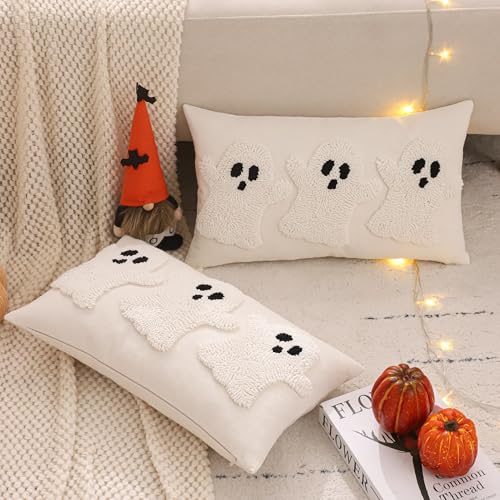 Tosleo Halloween Throw Pillow Covers 12x20 inch Set of 2 Halloween White Three Ghosts Embroidered Pillow Cases Thanksgiving Home Party Fall Decor Pillowcases Lumbar Cushion Covers for Spooky Season