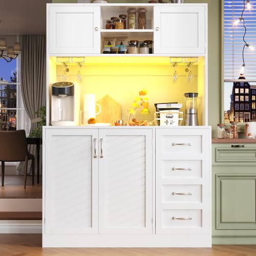 vutizal Szafka bufetowa z oświetleniem LED – 4 drzwi, 2 szuflady, regał na przekąski i szafka kuchenna z płyty MDF, 120 x 40 x 188 cm, biała konstrukcja z blatem roboczym