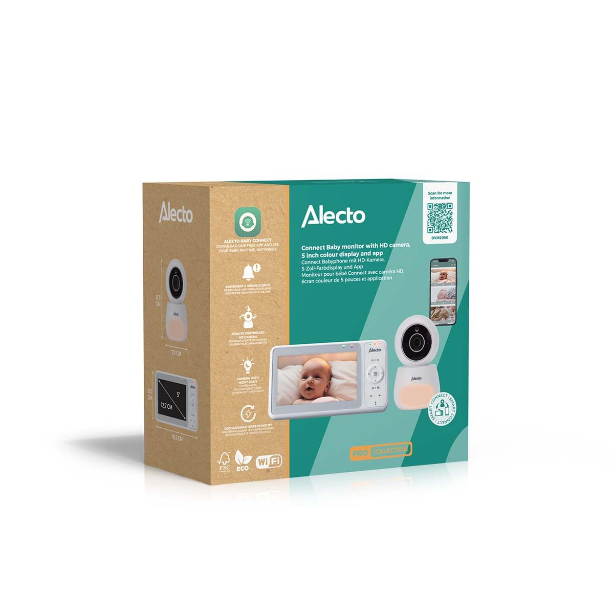 Alecto DVM2060 - Babyphone Dual Mode con fotocamera e app - Display a colori da 5" - Full HD (1080p) - Fotocamera controllabile a distanza con zoom digitale fino a 10x - Bianco
