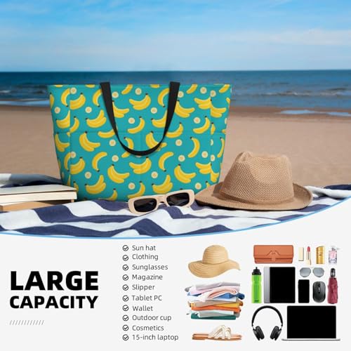 Large Beach Bags Water-resistant Sandproof - Cute Banana Ice Blue Cute Beach Tote Bags for Women with Zipper4