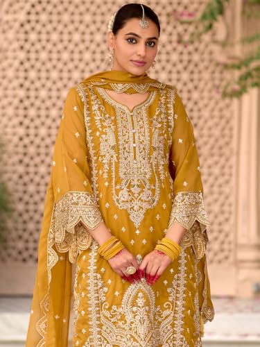 Image of INDO ERA Women's Straight Organza Ethnic Motifs Embroidered Kurta & Pant With Dupatta Set (KH9YL10613)