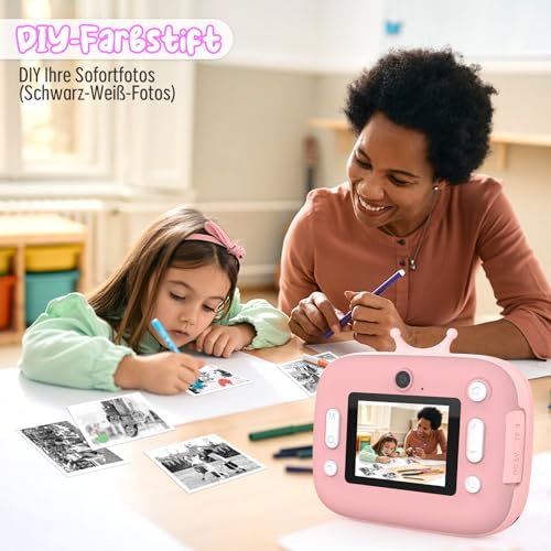 Nauotk Kinderkamera Sofortdruck, Digitalkamera für Kinder mit Druckpapier, 32G TF-Karte, Selfie-Videokamera mit 5 Farbstiften Geliefert, Geschenk für Mädchen und Jungen von 3–14 Jahren (Rosa) – Bild 6