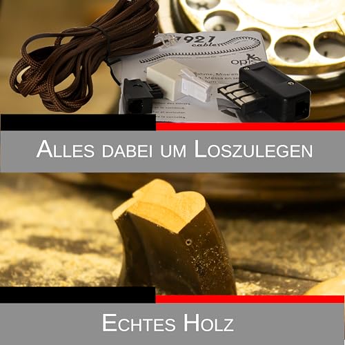 Opis 1921 Cable Modell C: Kerzenhalter Retro Telefon mit Wählscheibe im Antik Stil – wie EIN Historisches Nostalgie Vintage Festnetztelefon aus Holz mit Schnur und Metallglocke