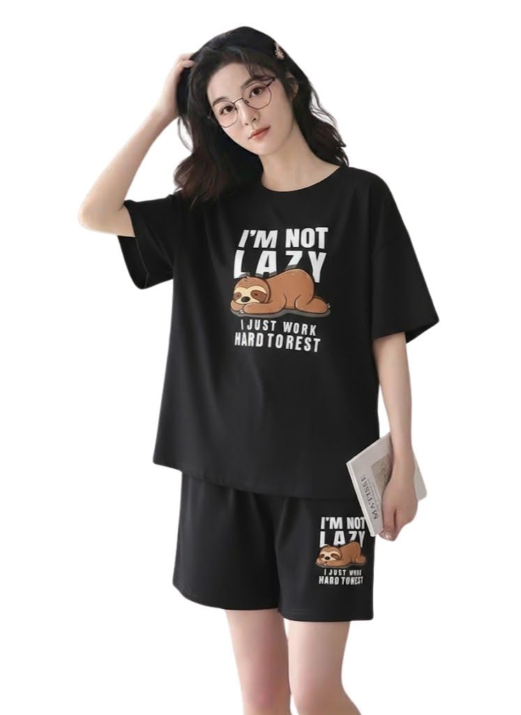 smowkly Women's Cotton Half Sleeve T-Shirt & Short Pyjama Set || Printed Top & Shorts Nightsuit Pair for Women || Casual Two-Piece Co-Ords Outfits-picture-23