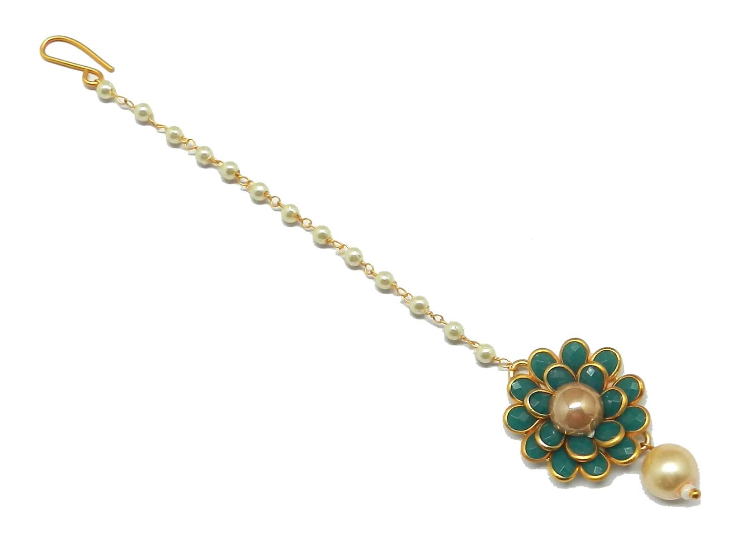 Flower Style Gold Plating Maang Tikka For Women - Green-image-42