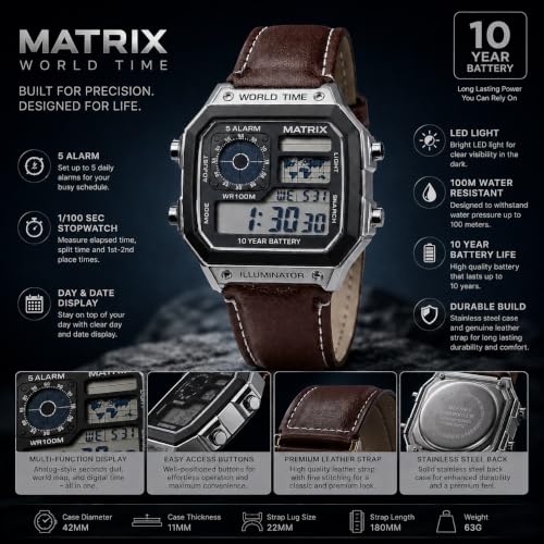 Image of Matrix Illuminator Leather Strap Digital Watch with Alarm, Stopwatch, World Time | for Men & Women