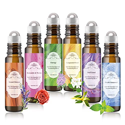 6PCS Essential Oil Rollerball Set â€“ Sweet Dream, Campanula Floral, Feel Good, Romantic & Warm, Energy, Fresh Summer - Essential Oil Blend, Pre-Diluted, Aromatherapy Essential Oil Set