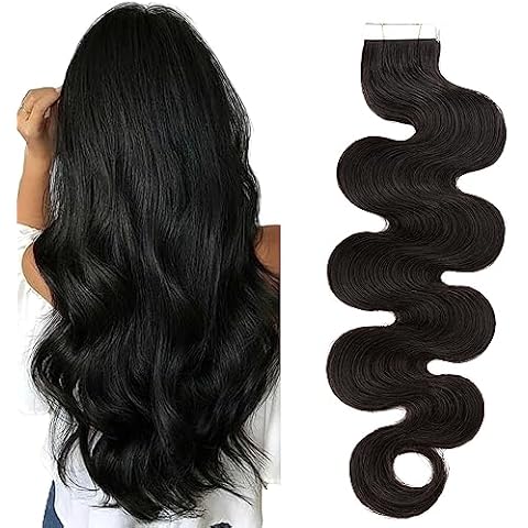 SEGO Tape in Hair Extensions Wavy 20 Inch Natural 100% Remy Human Hair Real Seamless Skin Weft Invisible Rooted Double Sided Tape Hair for Women 20pcs 50g -Natural Black -Body Wave Cover