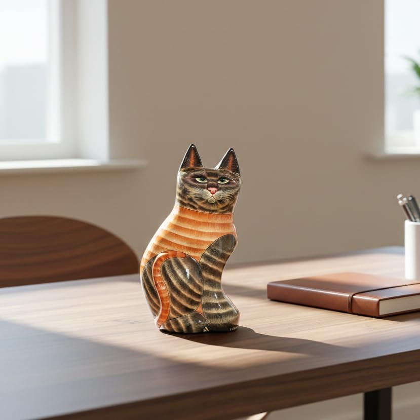 - NATRIEL Handcrafted Kashmiri Paper Mache Cat Figurine, Orange and Brown Striped Tabby Design, 10.6 Inch Height, Decorative Home Accent
