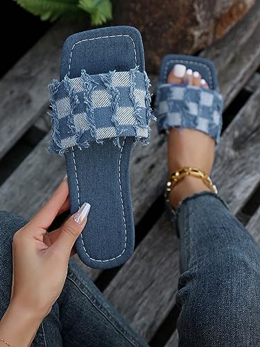 GORGLITTER Women's Denim Square Toe Flat Sandals Raw Trim Jean Sandals Fashion Pattern Slide Sandals2