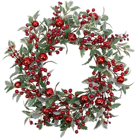 VGIA 20 Inch Christmas Wreath Artificial Door Wreath with Red Bells and Red Berries Winter Wreath with Glitter Christmas Decorations for Party and Holiday Decor Cover