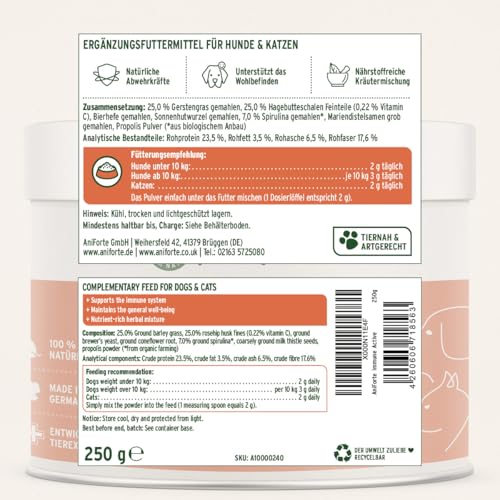 AniForte Immun Aktiv für Hunde & Katzen 250g - Kräutermischung für mehr Vitalität & Wohlbefinden, natürliche Abwehrkraft, Stärkung des Immunsystem, reich an Mineralien, ohne künstliche Zusätze, Natur