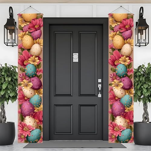Image of Colorful Floral Easter Egg Banner 2 Pack Vertical 11.81 x 70.87 Inch Floral Egg Pattern Spring Easter Decorations Porch Garden Outdoor Event Display