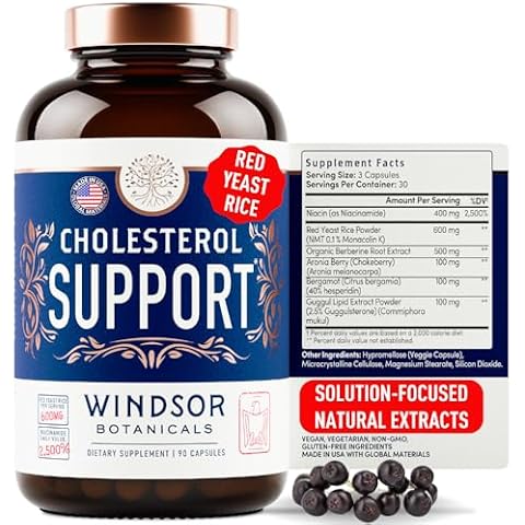 Cholesterol Supplements - Citrus Bergamot, Niacin, Red Yeast Rice, Berberine, Aronia Berry Extract to Support Normal HDL and LDL Cholesterol Levels - 90 Vegan, Non-GMO Cholesterol Supplement Capsules Cover