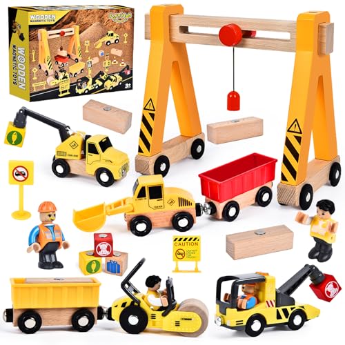 Herenear Baufahrzeuge Kinder Holzspielzeug, Baustelle Kinder, Holz...
