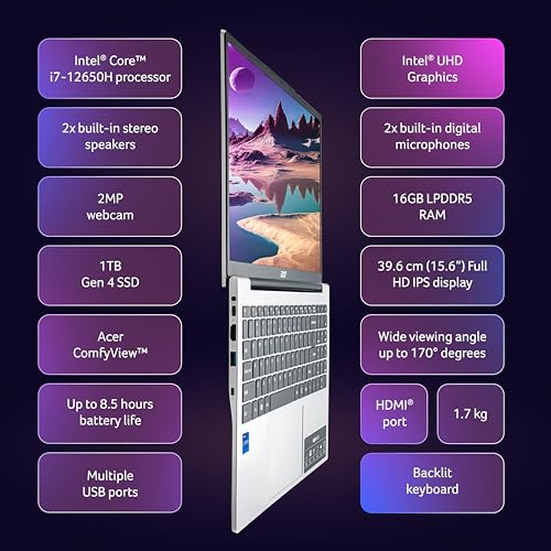 Image of acer Aspire Lite, 12th Gen, Intel Core i7-12650H, Office 2024 + M365 Basic, 16GB RAM, 1TB SSD, Full HD IPS, 15.6 inch /39.62 cm, Win 11 Home, Pure Silver, 1.7 kg, AL15-52H, Backlit KB, Thin & Light Laptop